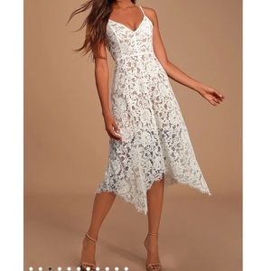 Lulu’s Lace Eyelet Wedding Rehearsal Dress Size Medium White & Nude Midi